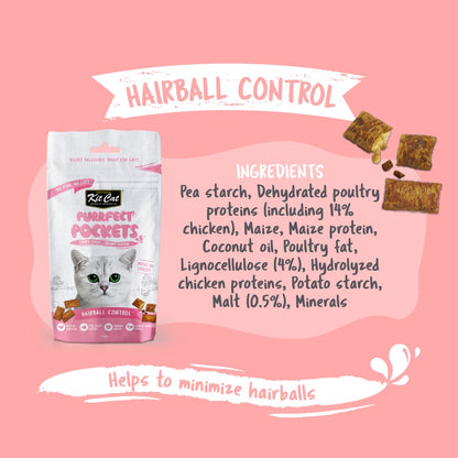 Kit Cat Purrfect Pockets Hairball Control image with ingredients and hairball support benefit information