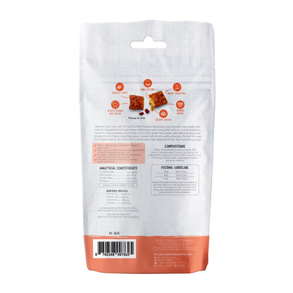 Kit Cat Purrfect Pockets Salmon cat treats 60g back of pack with ingredients analysis and feeding guide