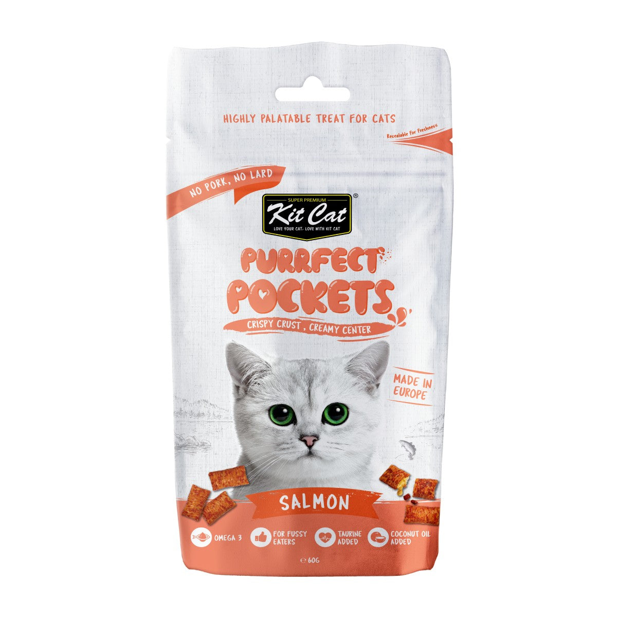Kit Cat Purrfect Pockets Salmon cat treats 60g front pack with crispy crust and creamy center