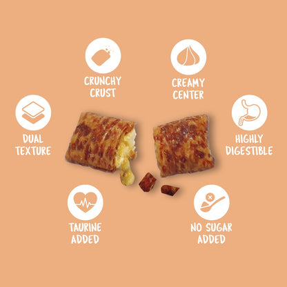 Kit Cat Purrfect Pockets Salmon infographic showing dual texture highly digestible taurine added and no sugar added