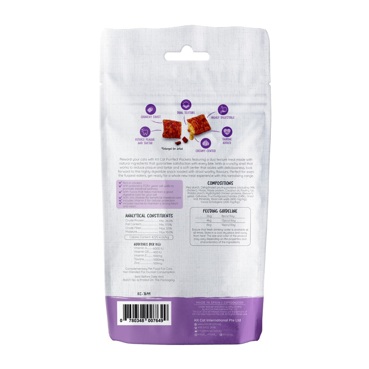 Kit Cat Purrfect Pockets Sensitive Care cat treats 60g back of pack with ingredients analysis and feeding guide