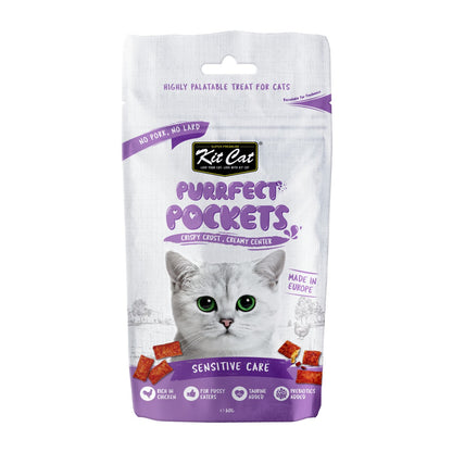 Kit Cat Purrfect Pockets Sensitive Care cat treats 60g front pack with crispy crust and creamy center