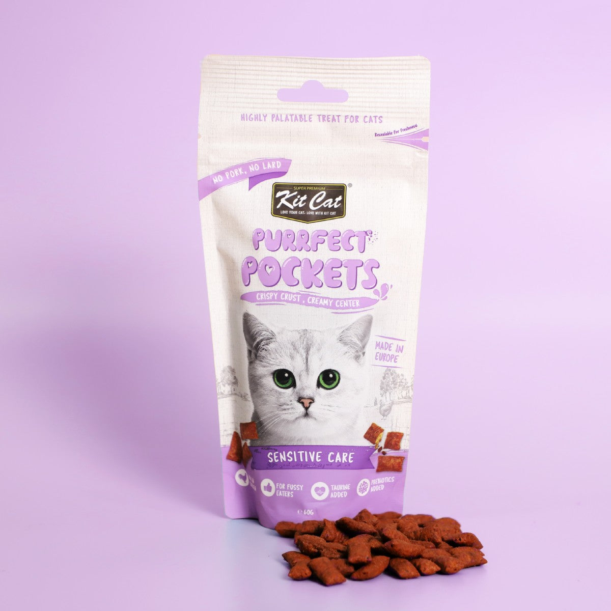 Kit Cat Purrfect Pockets Sensitive Care cat treats pouch with treats displayed in front