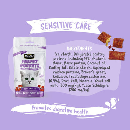 Kit Cat Purrfect Pockets Sensitive Care image with ingredients and digestive support information
