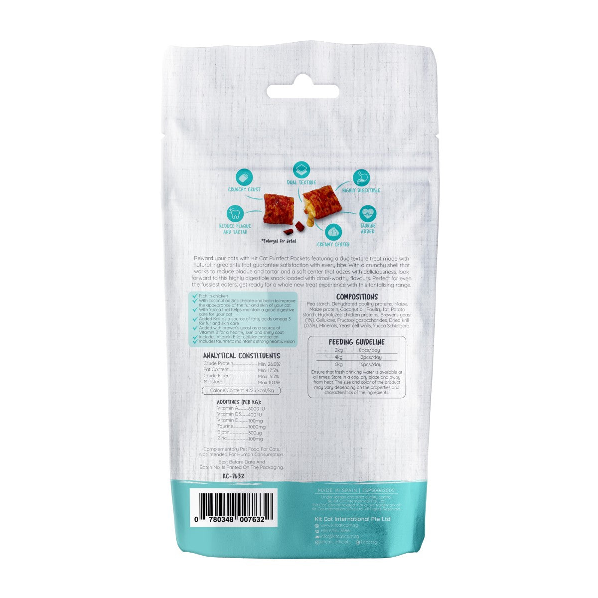 Kit Cat Purrfect Pockets Skin and Coat Care cat treats 60g back of pack with ingredients analysis and feeding guide