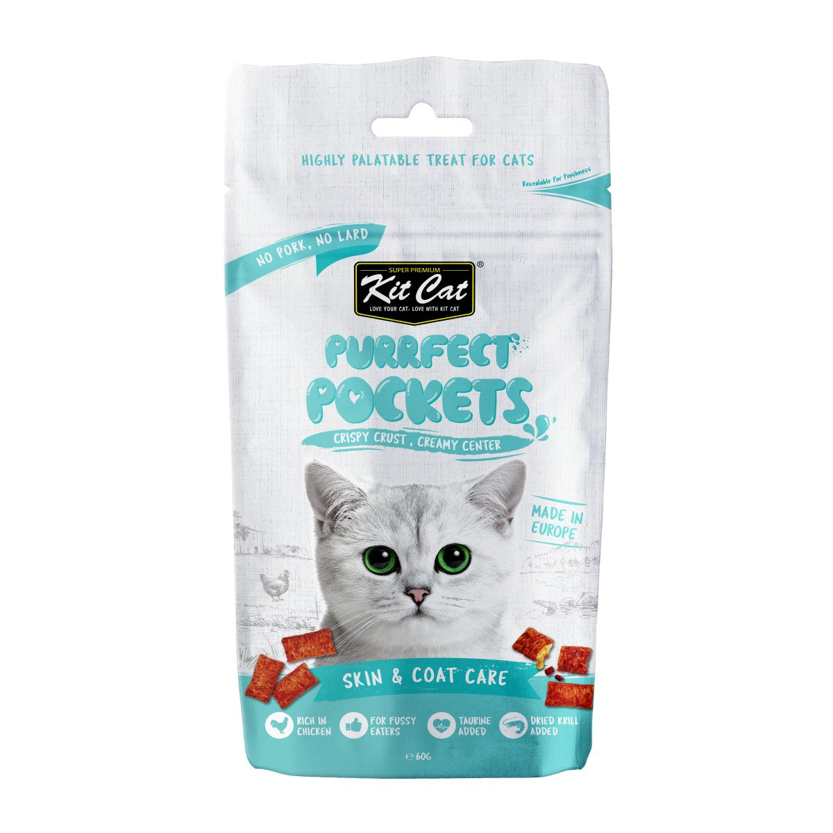 Kit Cat Purrfect Pockets Skin and Coat Care cat treats 60g front pack with crispy crust and creamy center