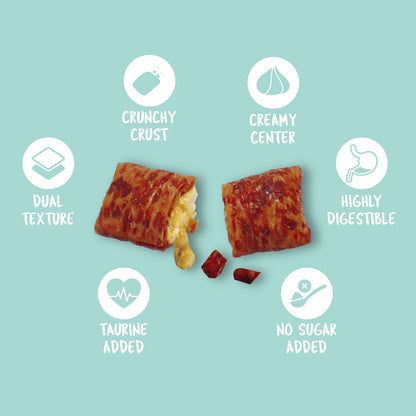 Kit Cat Purrfect Pockets Skin and Coat Care infographic showing dual texture highly digestible taurine added and no sugar added
