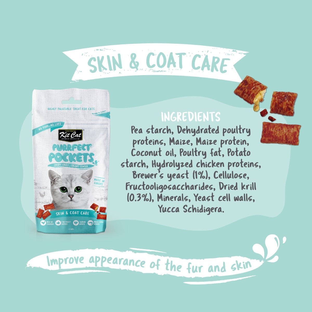 Kit Cat Purrfect Pockets Skin and Coat Care image with ingredients and fur and skin support information