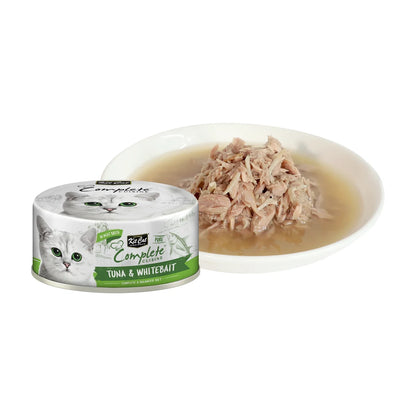 Shredded tuna and whitebait wet cat food in broth serving for cats
