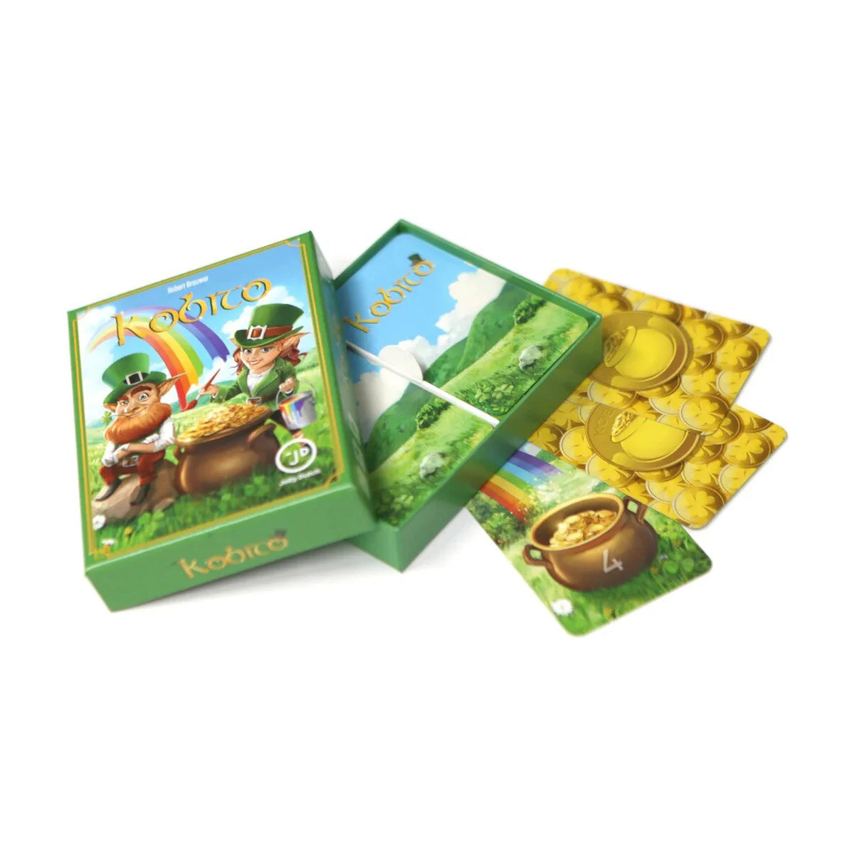 Kobito Card Game open box with rainbow cards and gold cards displayed
