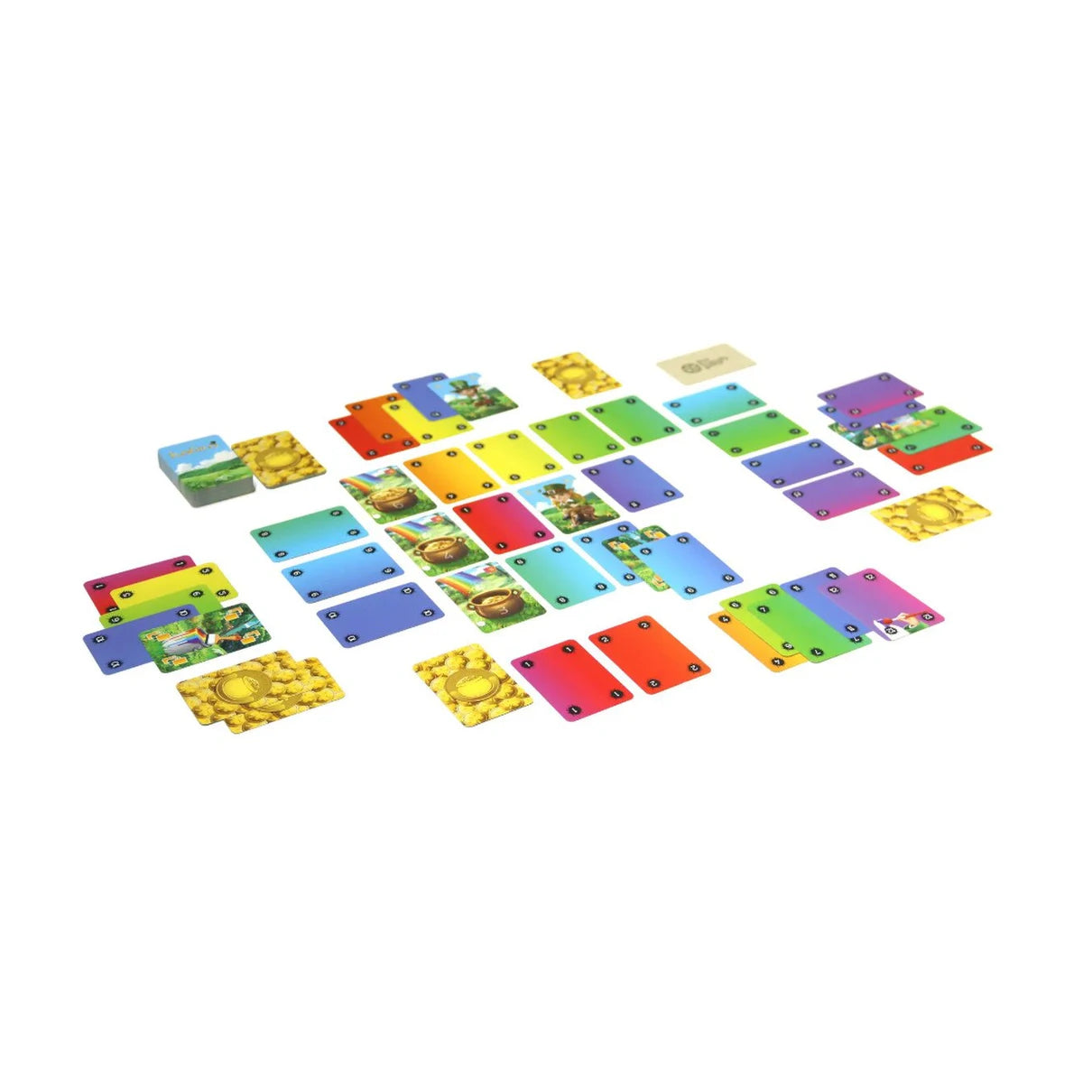 Kobito Card Game play layout showing colourful rainbow sequences, gold cards and player areas