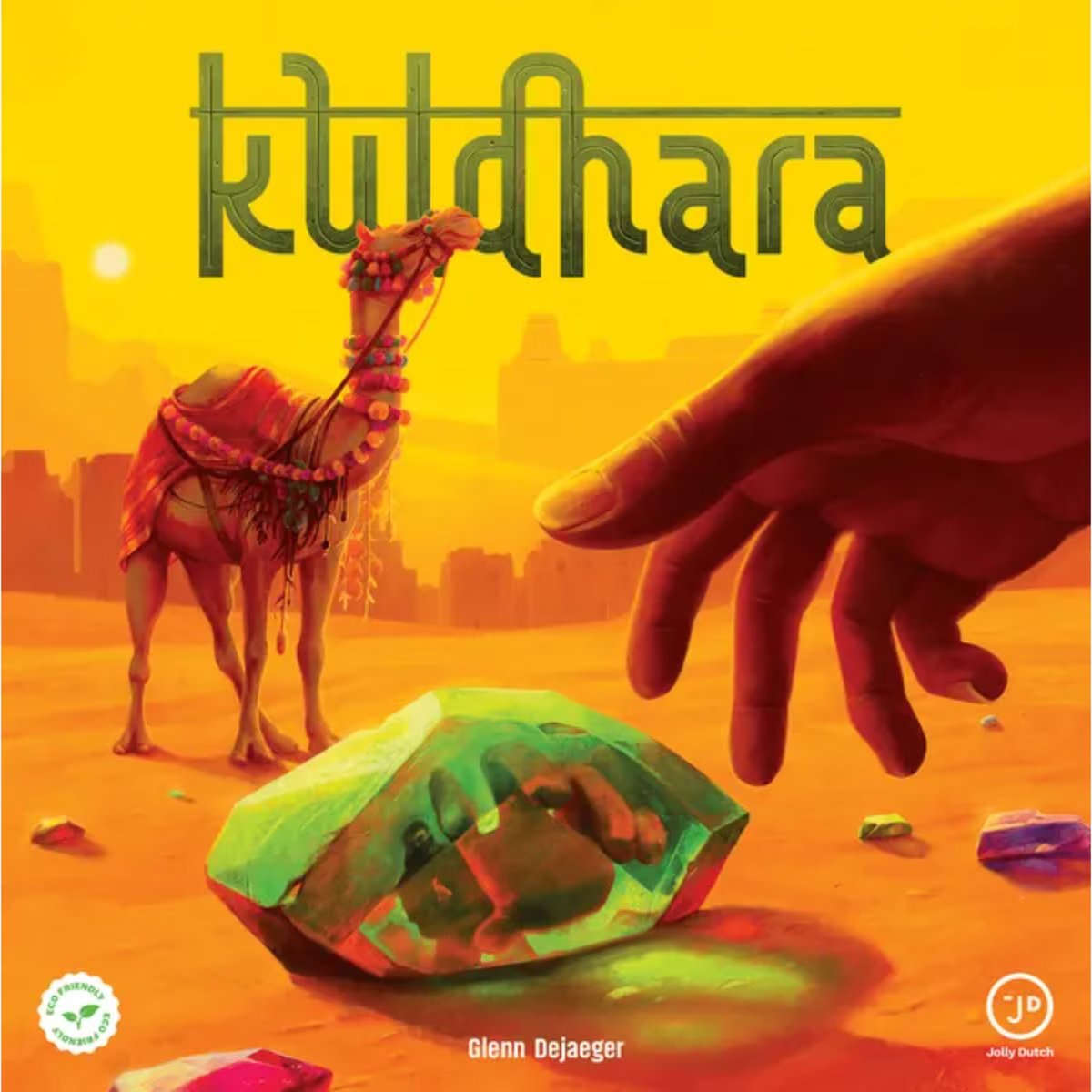 Kuldhara board game cover artwork showing a camel and gemstone in the Thar Desert