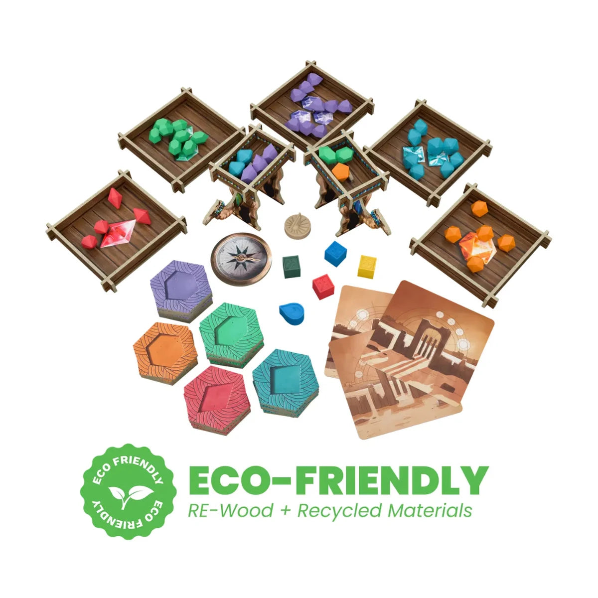Kuldhara board game eco-friendly Re-Wood and recycled game components including gemstone trays and tokens