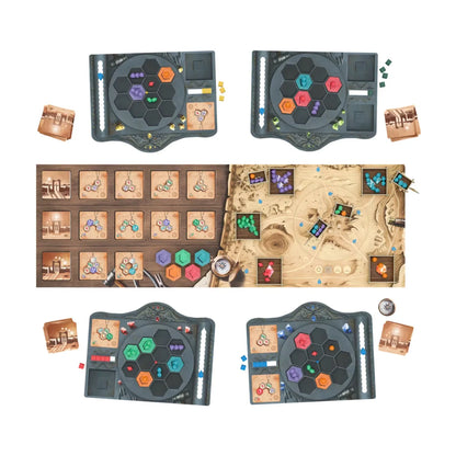 Kuldhara board game setup with central board, four player workbenches, gemstones and jewellery cards
