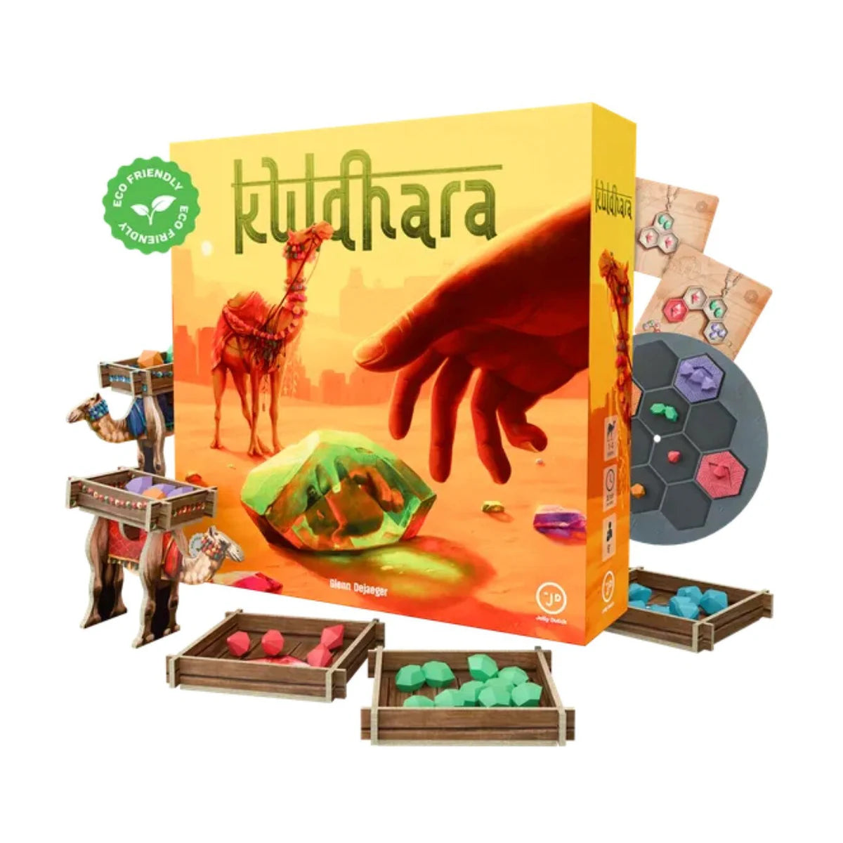 Kuldhara strategy board game by Jolly Dutch with game box, gemstone trays, player board and jewellery cards