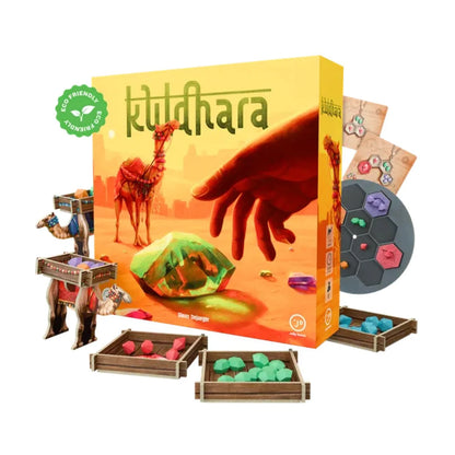Kuldhara strategy board game by Jolly Dutch with game box, gemstone trays, player board and jewellery cards