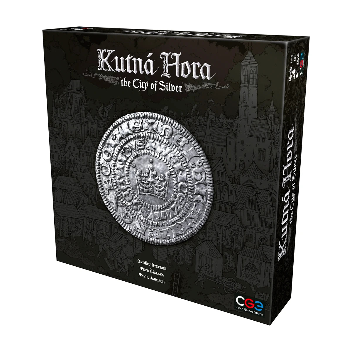 Kutná Hora The City of Silver strategy board game box shown at an angle with historic silver coin artwork