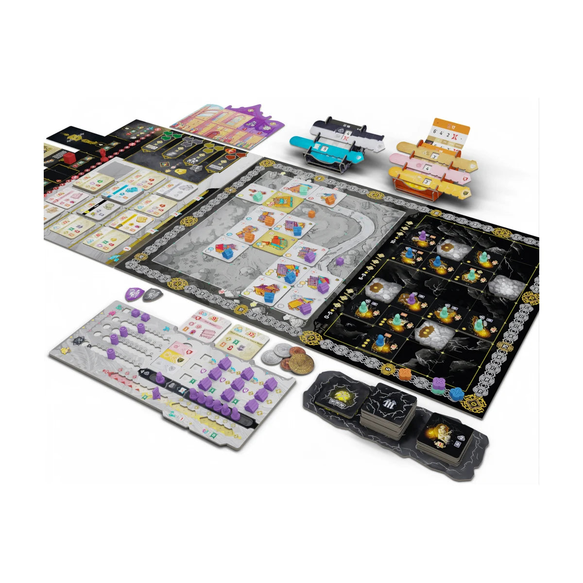 Kutná Hora The City of Silver board game components including boards, cards, tiles, tokens, coins and player pieces