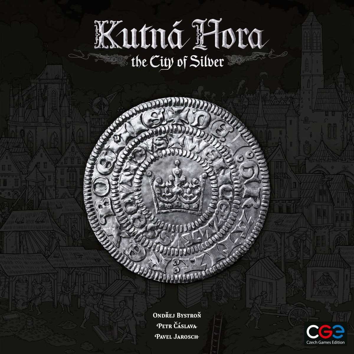 Kutná Hora The City of Silver strategy board game artwork featuring medieval Kutná Hora and historic silver coins
