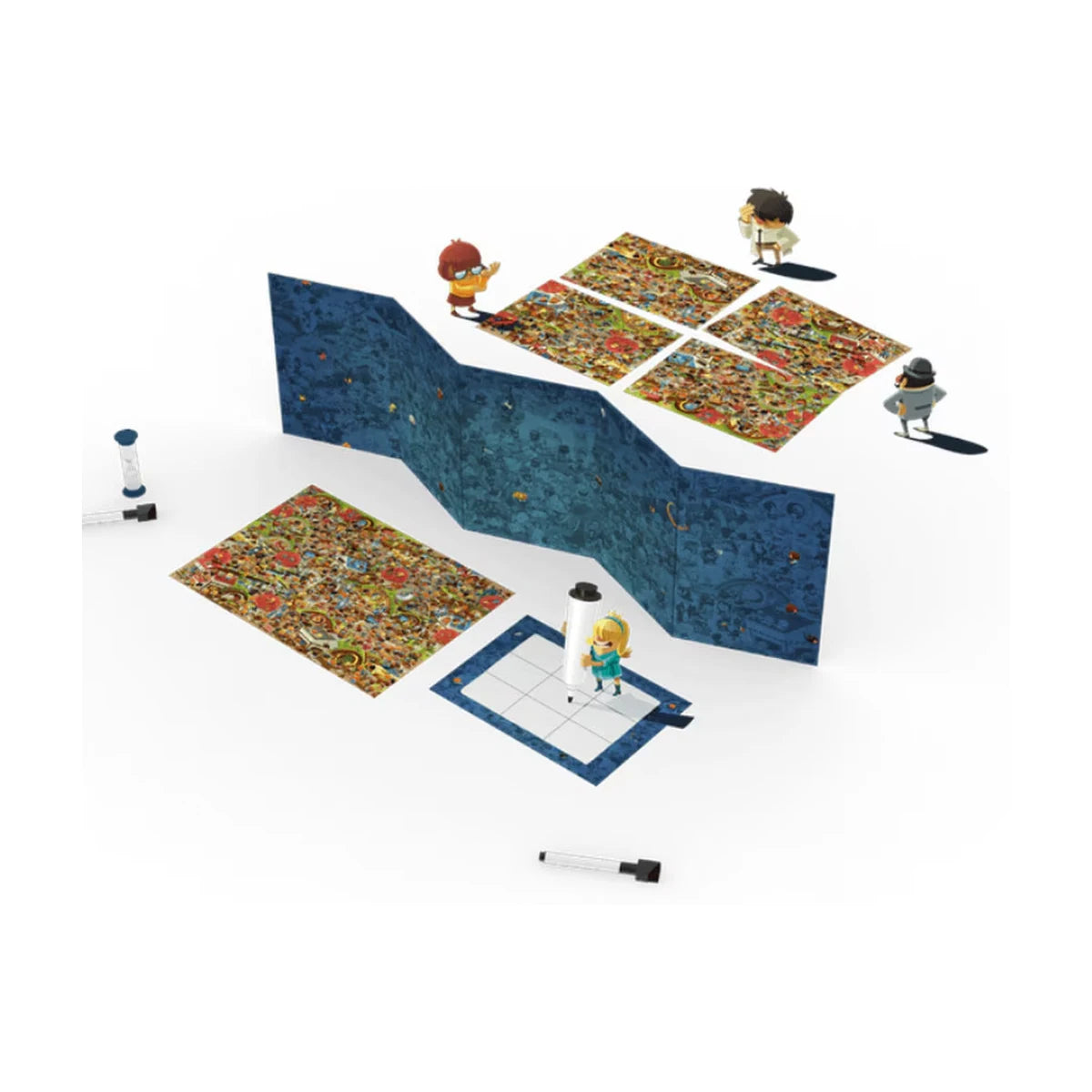 Last Message game setup with screen, clue boards, crime scenes and dry erase markers