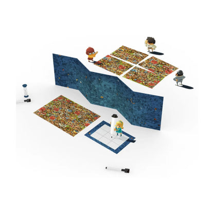 Last Message game setup with screen, clue boards, crime scenes and dry erase markers