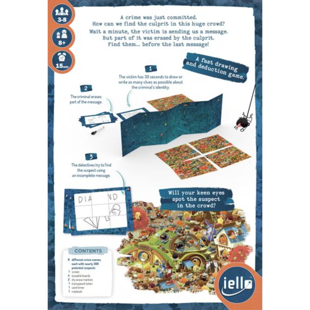 Last Message back of box showing how players draw clues, erase evidence and find the suspect