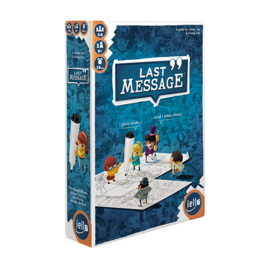 Last Message party deduction game box front by IELLO for 3 to 8 players ages 8 plus