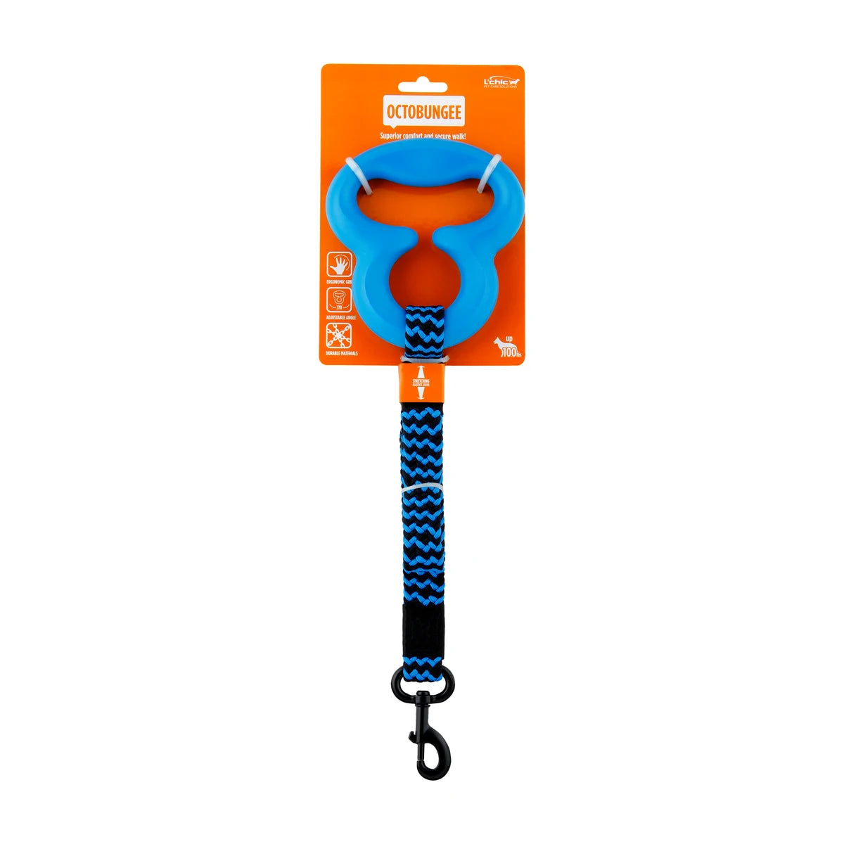 L'Chic Octobungee blue elastic dog leash in retail packaging with ergonomic grip