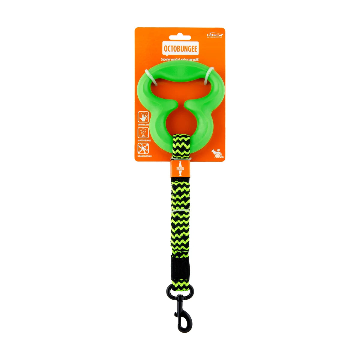 L'Chic Octobungee green elastic dog leash in retail packaging with ergonomic grip