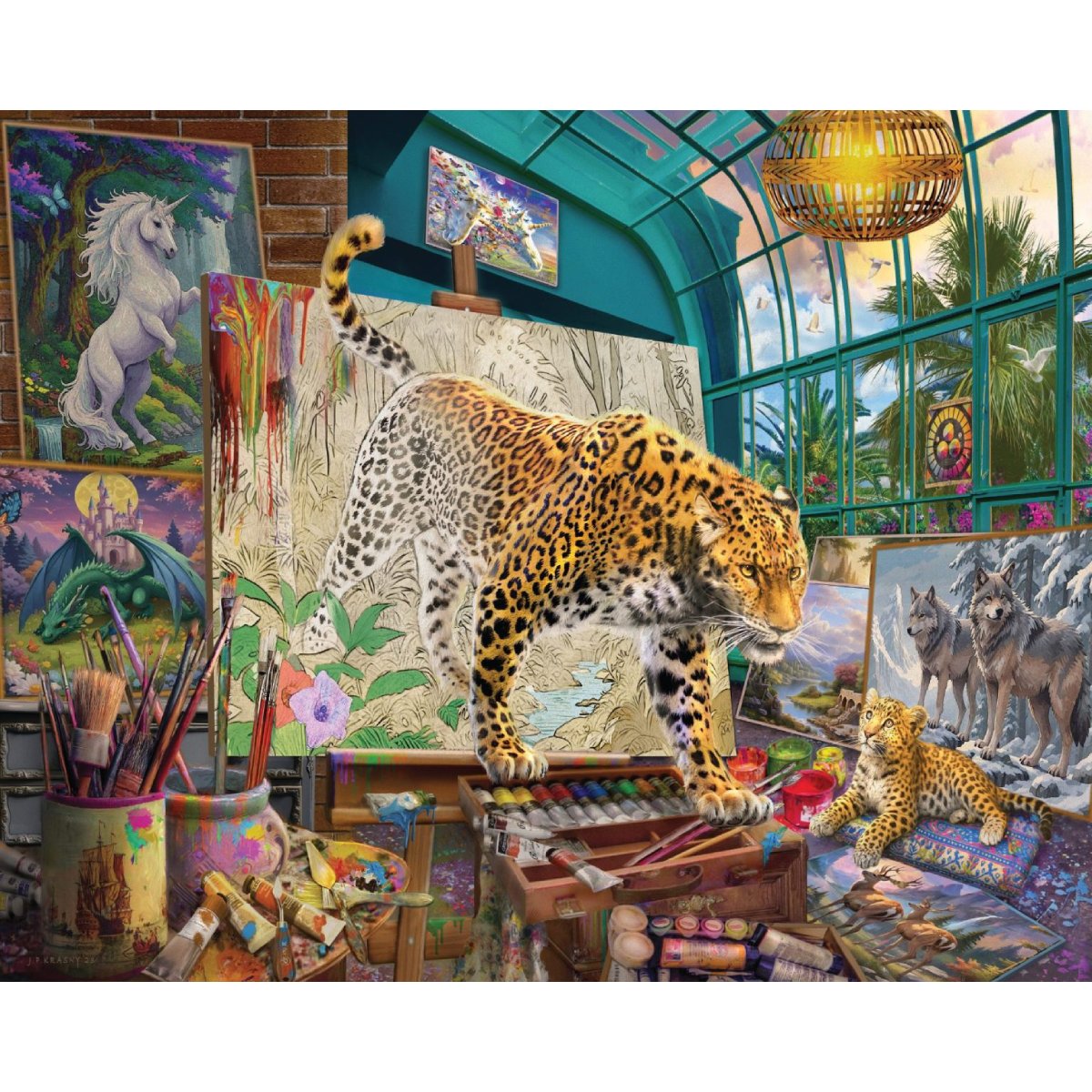 Completed Leopards in Painting Studio 1500pc jigsaw puzzle artwork with leopard, paintings and art supplies
