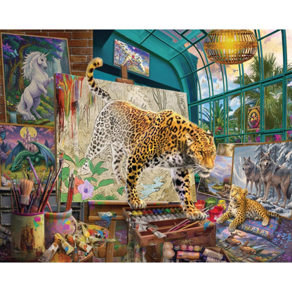 Completed Leopards in Painting Studio 1500pc jigsaw puzzle artwork with leopard, paintings and art supplies