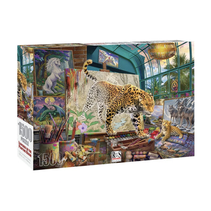 Leopards in Painting Studio 1500pc jigsaw puzzle box showing leopard and art studio artwork