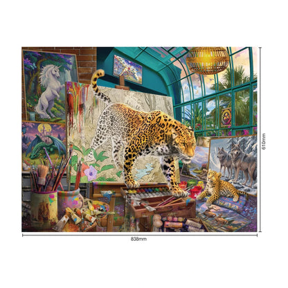Leopards in Painting Studio 1500pc jigsaw puzzle size guide showing finished size 838 by 610 mm