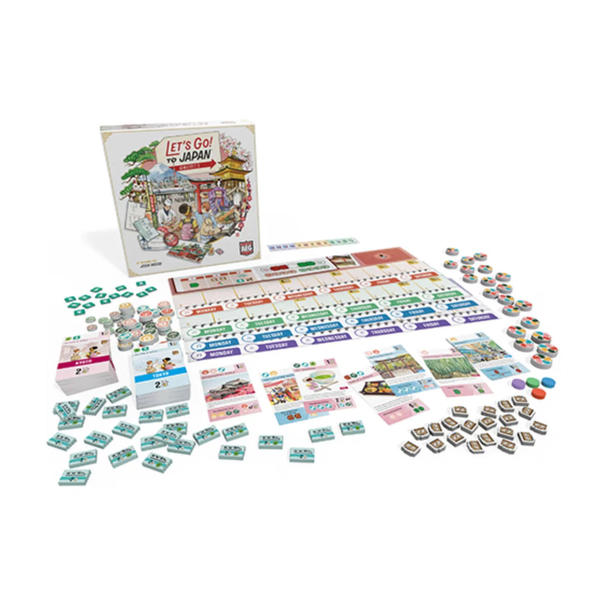 Let’s Go! To Japan board game component setup showing activity cards, player boards, tokens and box