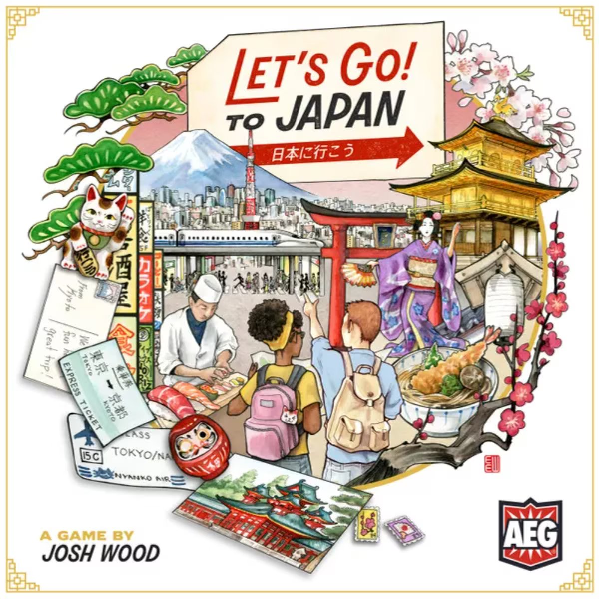 Let’s Go! To Japan board game cover art featuring Mount Fuji, Tokyo, Kyoto, sushi and Japanese travel icons