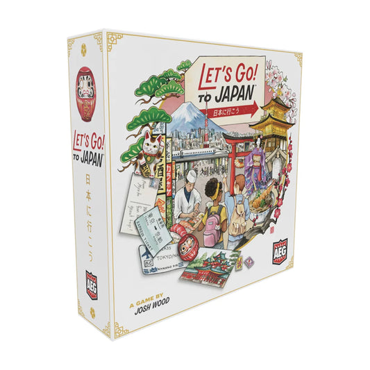 Let’s Go! To Japan travel board game box front showing Tokyo, Kyoto and Japan holiday artwork