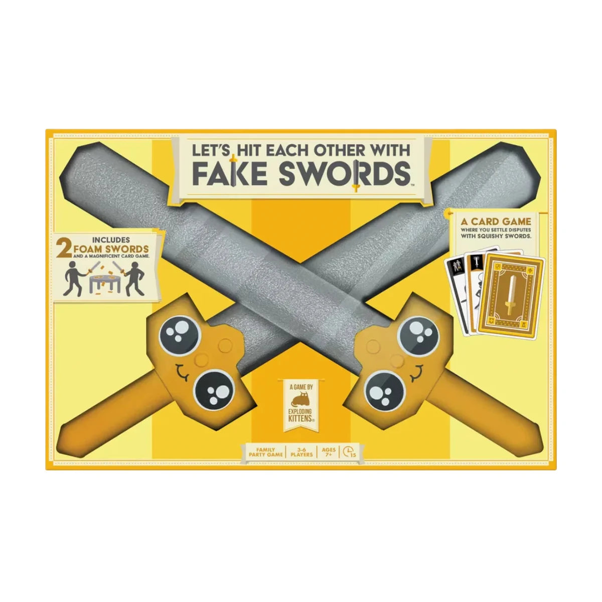 Front box image of Let’s Hit Each Other With Fake Swords showing foam swords and family party game details