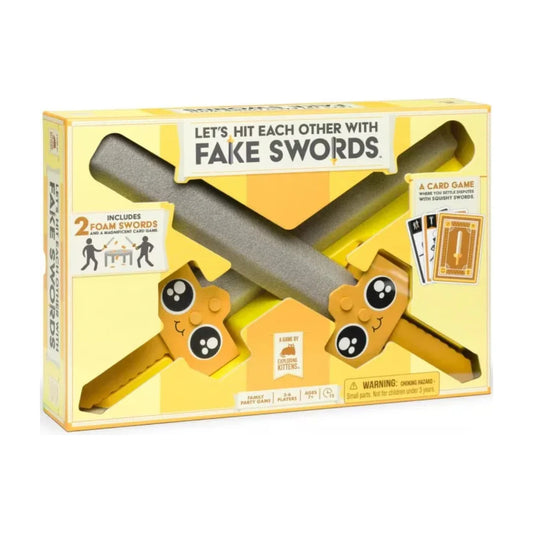Let’s Hit Each Other With Fake Swords party game box showing 2 foam swords and card game packaging
