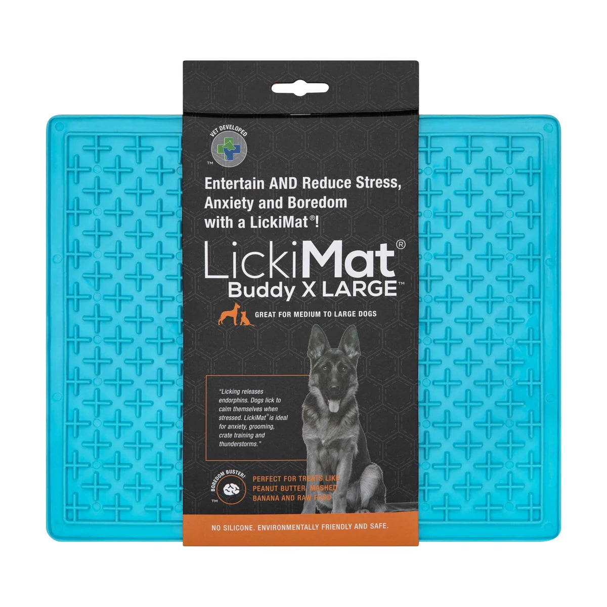 LickiMat Buddy XL turquoise authentic packaging front view premium slow feeder mat