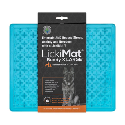 LickiMat Buddy XL turquoise authentic packaging front view premium slow feeder mat