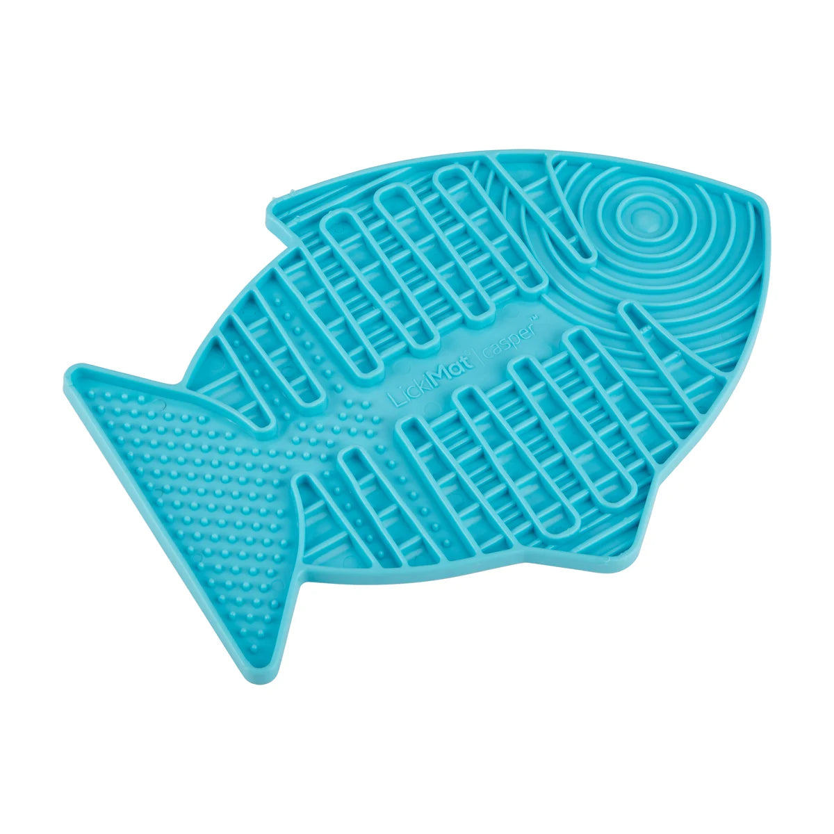LickiMat Casper cat lick mat turquoise angled view showing deep channels texture and grip