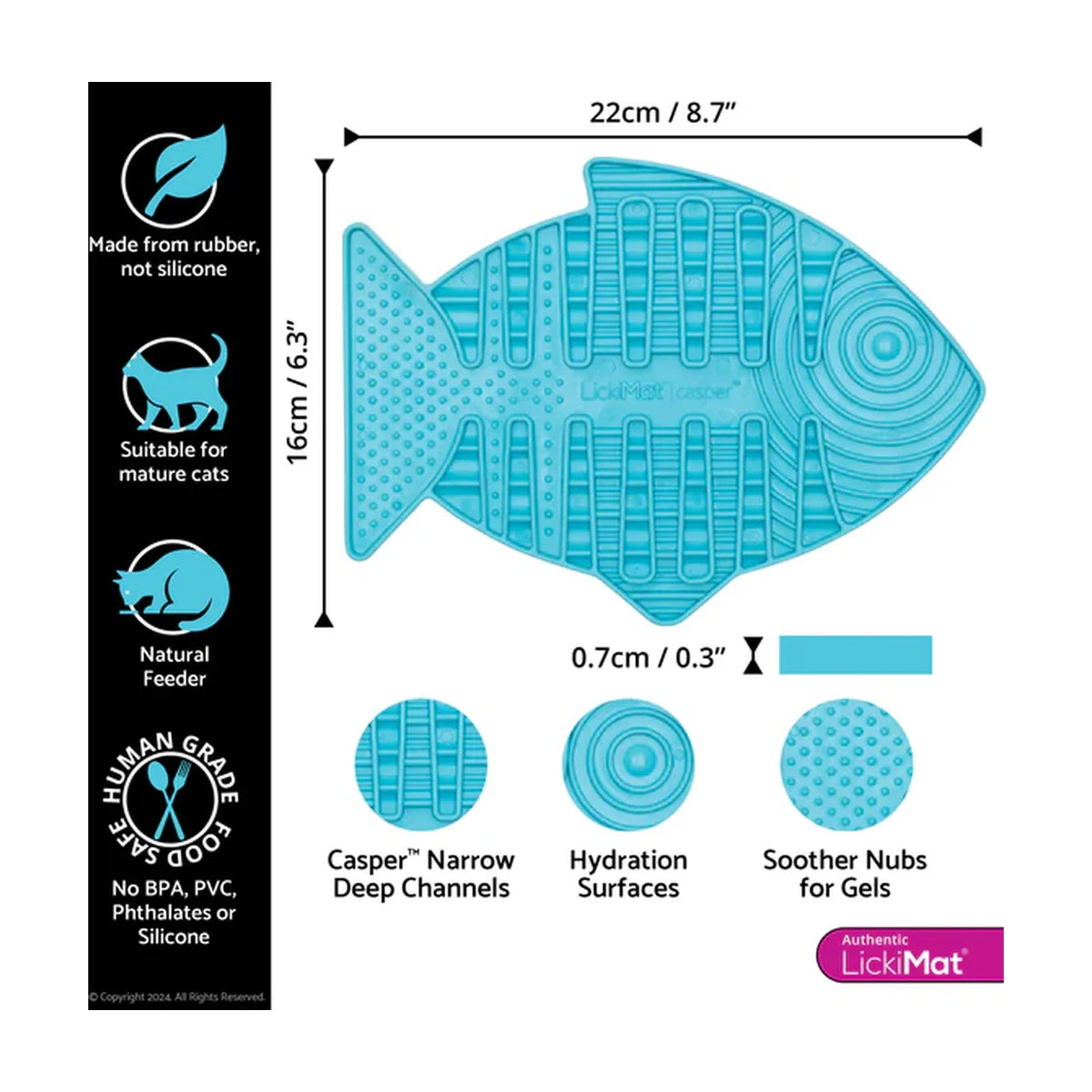 LickiMat Casper cat lick mat size guide 22cm x 16cm turquoise fish slow feeder texture details