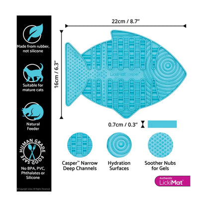 LickiMat Casper cat lick mat size guide 22cm x 16cm turquoise fish slow feeder texture details
