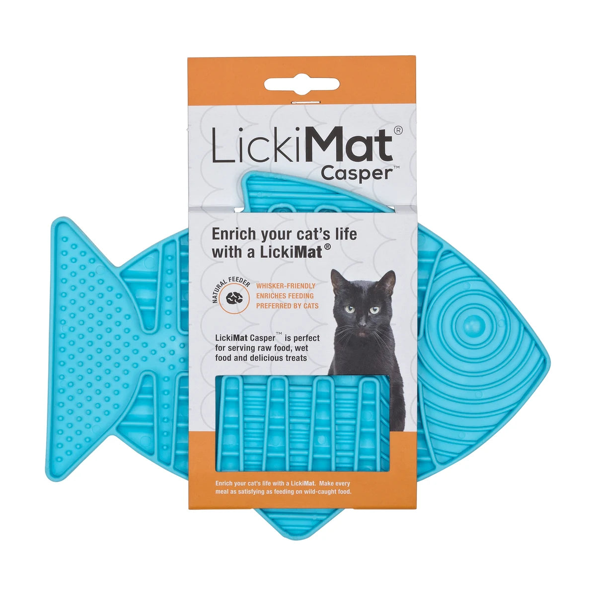 LickiMat Casper cat lick mat turquoise in retail packaging whisker friendly slow feeding enrichment