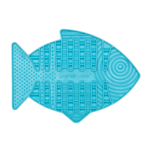 LickiMat Casper cat slow feeder lick mat turquoise fish shape for wet food raw food treats