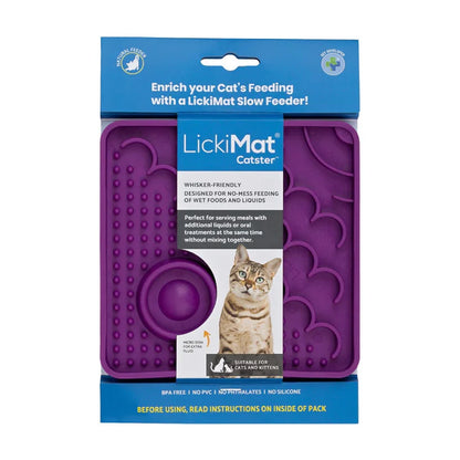 LickiMat Catster Cat purple packaging showing whisker friendly slow feeder for cats and kittens