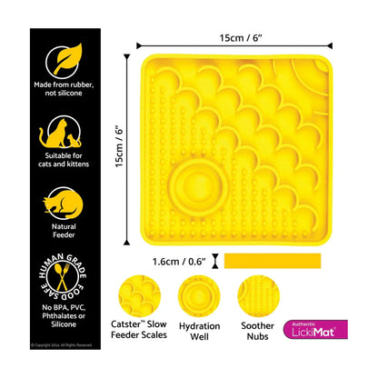 LickiMat Catster Cat size guide showing 15cm feeding mat dimensions and hydration well