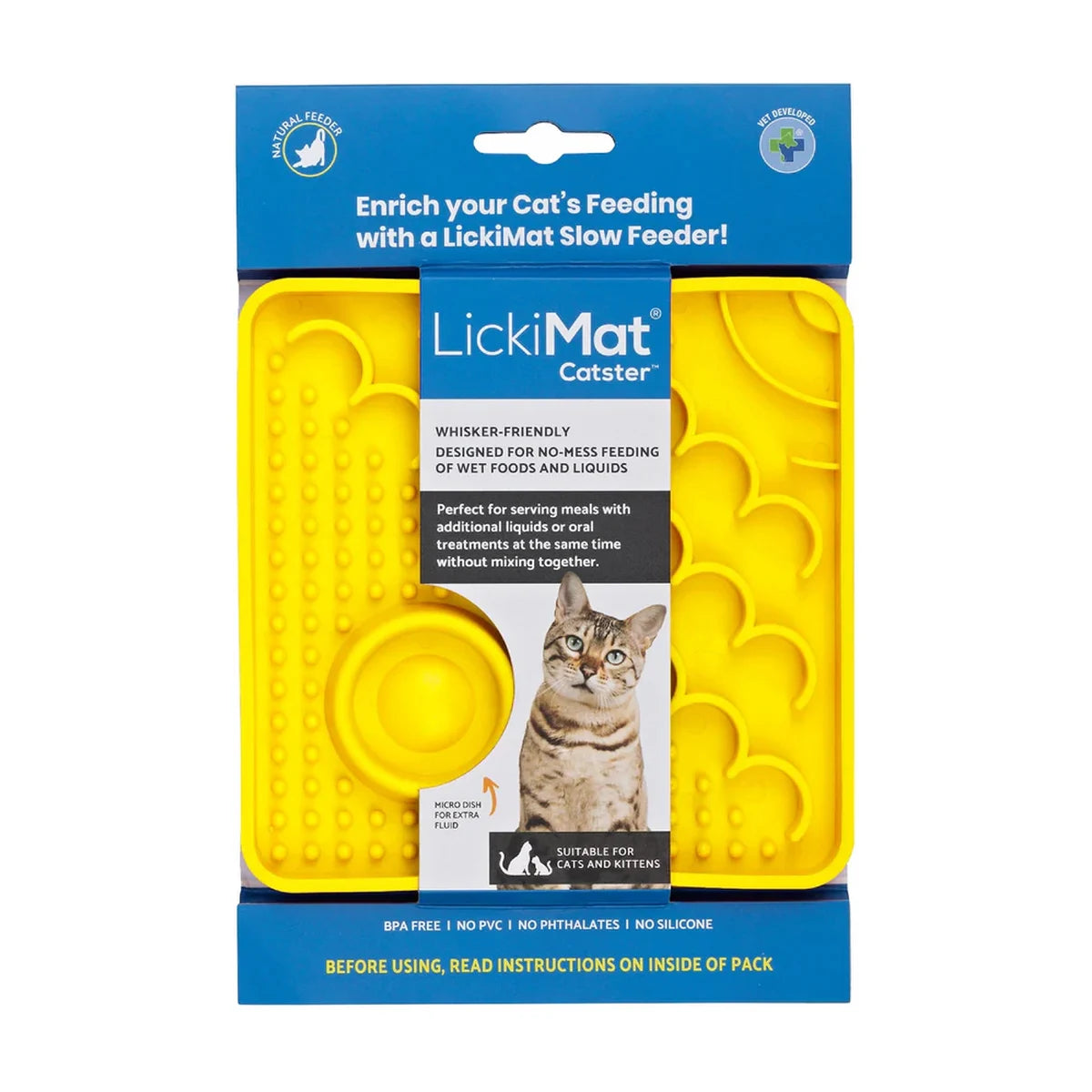 LickiMat Catster Cat yellow packaging showing whisker friendly slow feeder design for cats