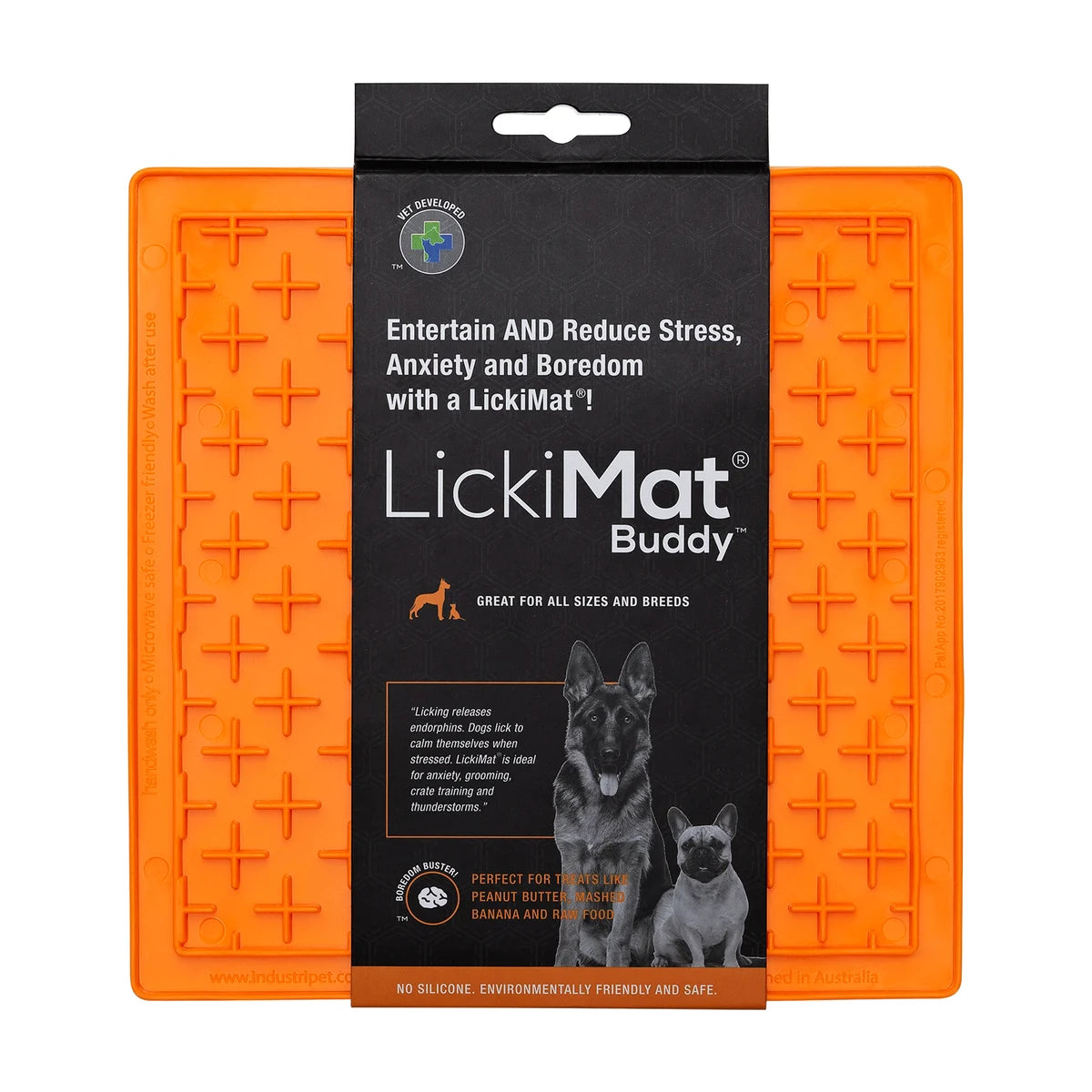 LickiMat Classic Buddy orange lick mat shown with packaging, boredom buster slow feeder for dogs and cats