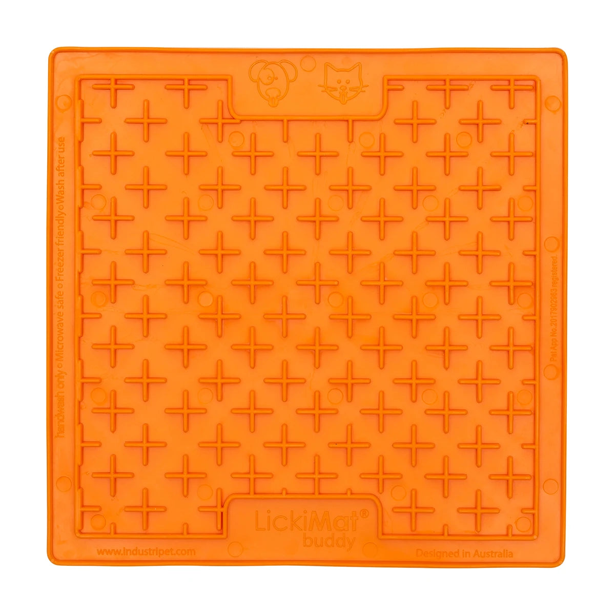 LickiMat Classic Buddy orange lick mat with cross maze design for thick treats, slow feeder mat for dogs and cats